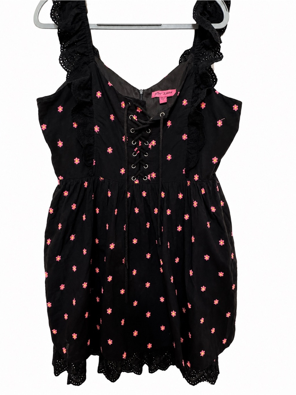 Betsey Johnson Black Dress with Pink Daisy Embroidery